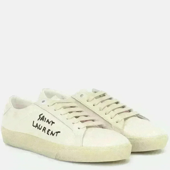 SAINT LAURENT Classic Leather/Canvas Court Classic Embroidered Sneakers - Picture 4 of 16